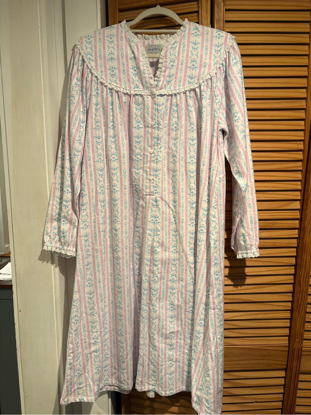 Vintage Lanz of Salzburg Flannel Nightgown Tyrolean Stripe Lace Grandmacore